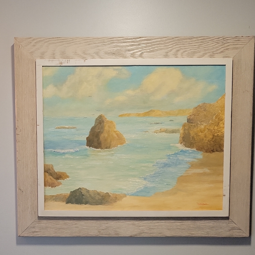 Coastal Landscape Framed Art Print Signed HAYES, Rustic/ Orig.